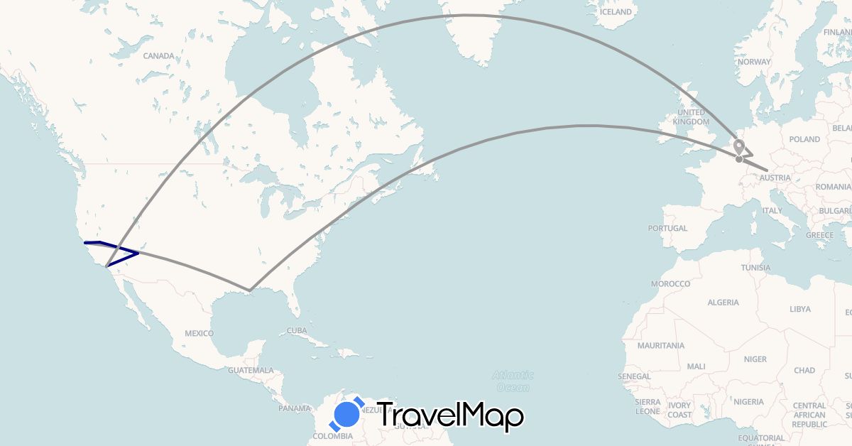 TravelMap itinerary: driving, plane in Germany, Luxembourg, United States (Europe, North America)